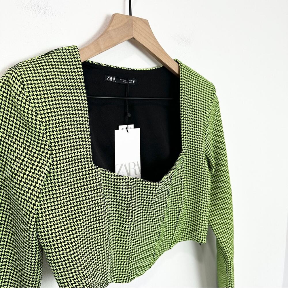 NWT Zara Houndstooth Neon Green Corset Bustier Crop Top Size small - Picture 5 of 12